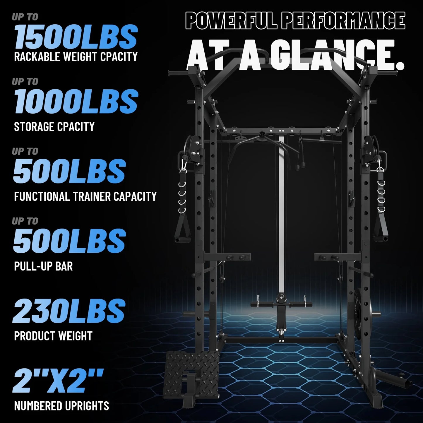 Power Rack Cage, 1500LBS Weight Cage with 800LB Capacity Adjustable Weight Bench, Multi-Function Workout Rack Cage with Storage System, J-Hook, Band Peg, Battle Rope Ring Home Gym